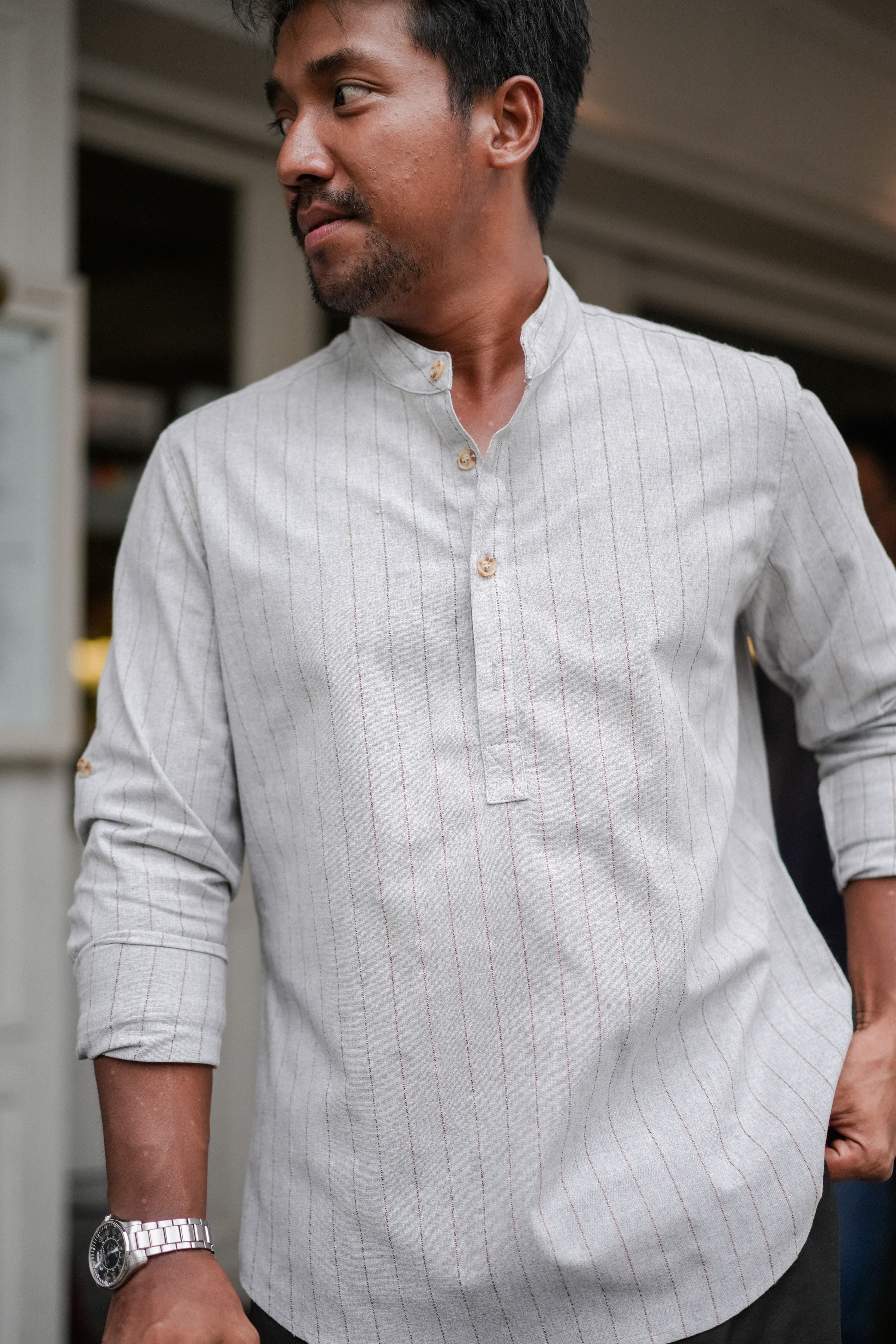 male model in black short and grey kurta by Petit Moi