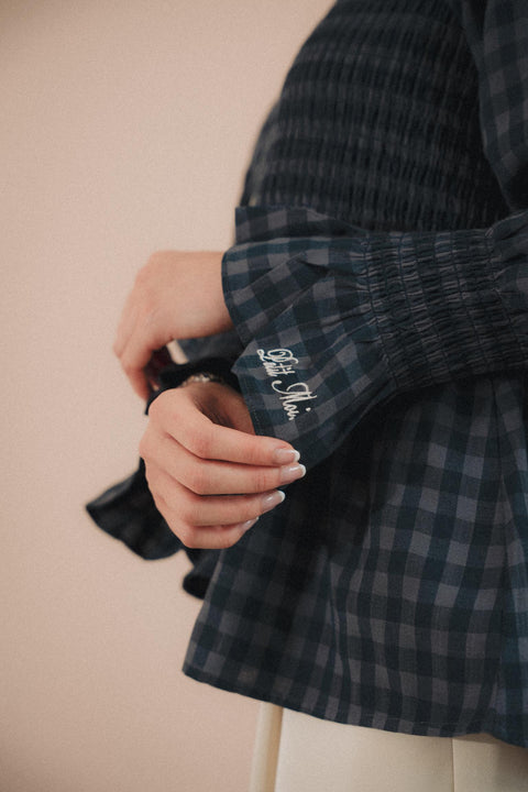 BOWEN SMOCKED BLOUSE IN NAVY TARTAN