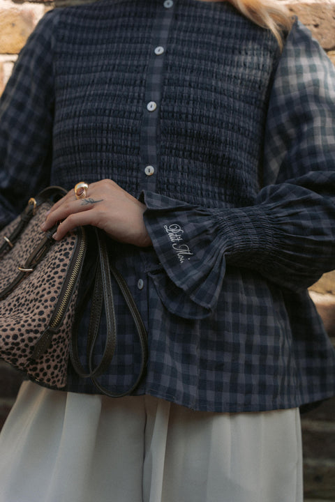 BOWEN SMOCKED BLOUSE IN NAVY TARTAN