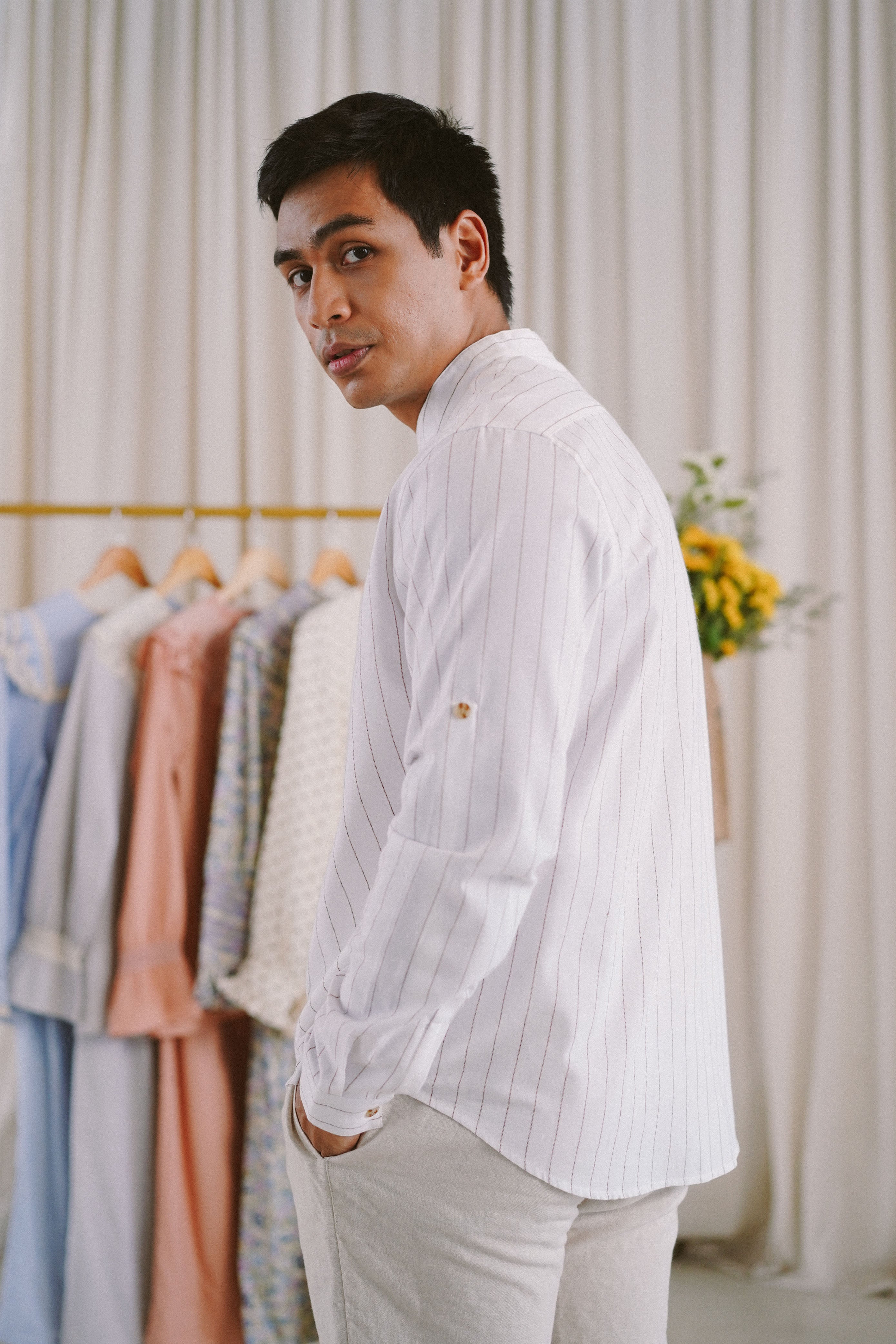 male model in white striped kurta by Petit Moi