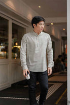 male model in white striped high quality kurta by Petit Moi