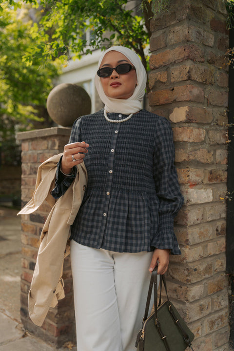 BOWEN SMOCKED BLOUSE IN NAVY TARTAN