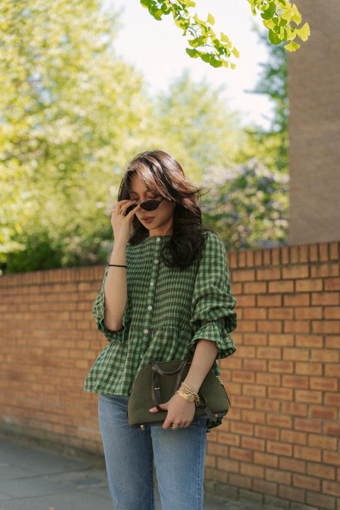 BOWEN SMOCKED BLOUSE IN GREEN TARTAN